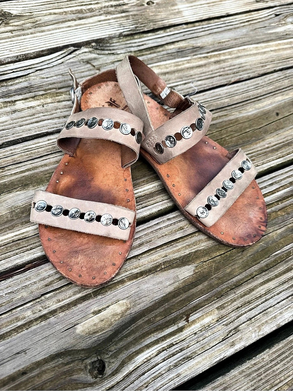 Frye Studded Leather-Look Sandals in Brown & Tan